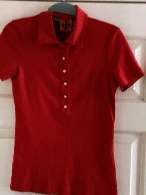 Tory Burch Red Polo Short Sleeve Gold Logo Buttons - Size Small